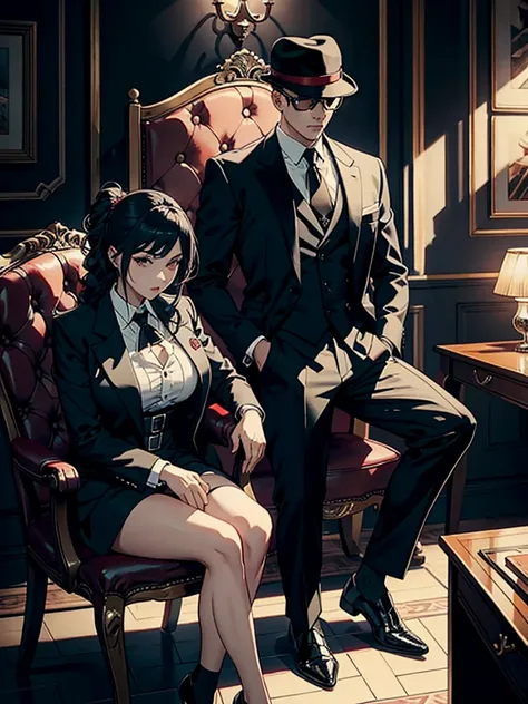 Mafia boss, Mafia gang, sitting on a chair, holding a girl, sitting and posing.