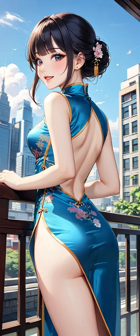 Miss,20 years old,City,(((Blue silk cheongsam))),,Open mouth smile((Black Hair)),blush、,((Look back))()Reflecting the buttocks