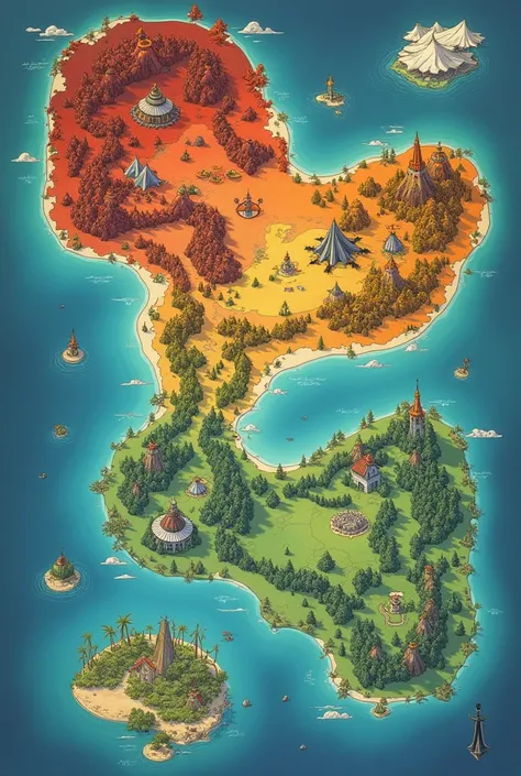 I need an avatar the last airbender style map with the following data:
1. **Fire Nation and Ember Island:** Red 2. **Earth Kingdom:** Brown 3. **Southern Water Tribe:** light blue (it&#39;s on an island ao sul)
4. **Northern Water Tribe:** dark blue (it&#3...