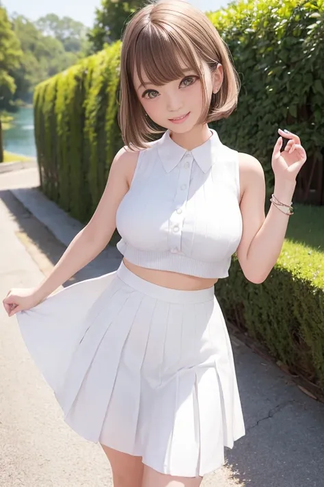 (White long pleated skirt、Sleeveless shirt)、The belly button is protruding、One of the cutest faces、(Strong summer sunlight、Lakeside、Walking)、(The wind blows, causing the hem of my skirt and my hair to flutter.)、Bob Hair、Medium breast、smile、masterpiece:1.3、...