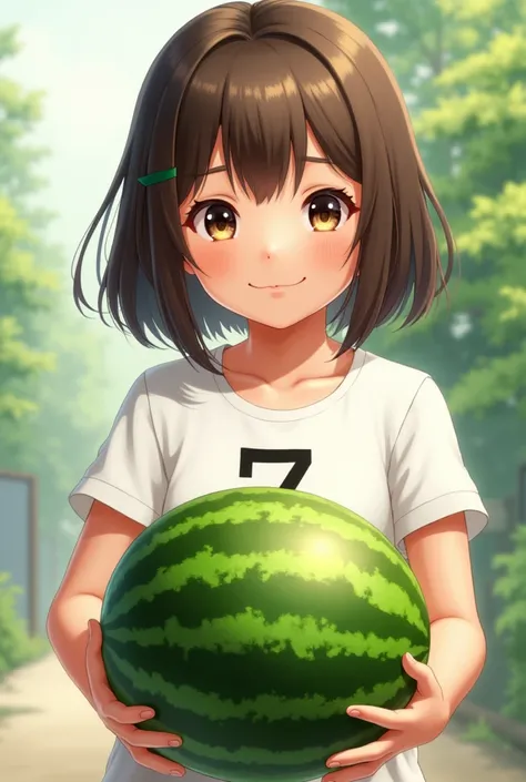 Bob Hair　Brown Hair　Girl　Holding a big watermelon in both hands　He is wearing a white T-shirt with the number 7 written on it