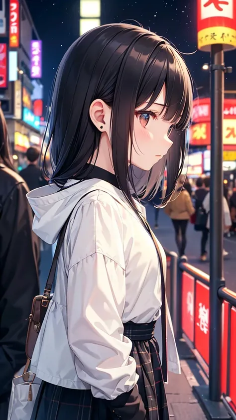 Traveling around Dotonbori in Osaka。A young girl with black hair wearing stylish clothes and headphones labeled "lo-fi" The girl is shown in profile, gazing into the distance with a calm, relaxed expression Background depicts the iconic scenery of Namba, O...