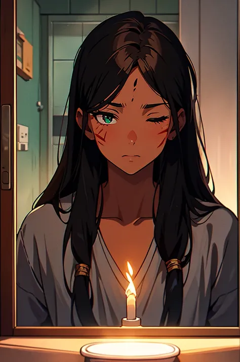 naughty man, African descendent, Youngh, skin black, ((long straight long hair)), only right eye open, green pupil color, ((burn mark on left cheek)), with the left eye closed, wearing a robe, in front of a broken mirror, dark bathroom, Not anime art style