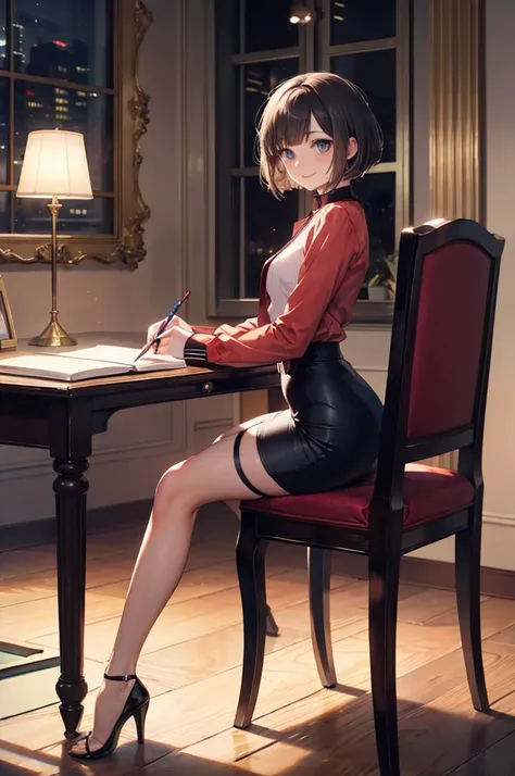 (masterpiece), 4K,woman,I have a pen,Female doctor in long sleeves,Small breasts,Small Ass,Bobcut,Light bulb lighting,Realistic, skinny, Amis Stockings,smile,Sit in a luxurious chair,((Knee-length pencil skirt)),