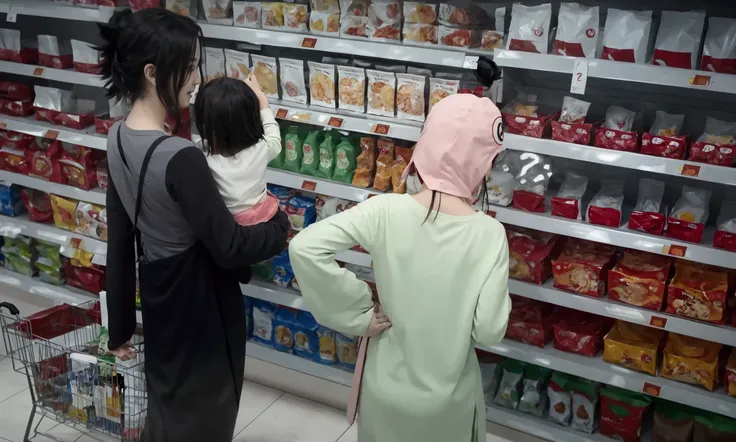 a couples uchiha family in a grocery store looking at food items, realistis 