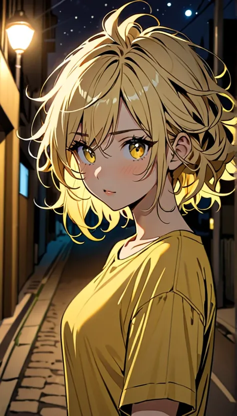 Beautiful and blond, messy styled hair, yellow shirt, night, late night walk 