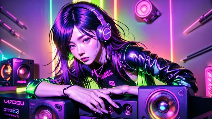 masseter muscle fragment、superfine、surrealism、beautiful female artist in dj suit with black top and headphone、dj set、sporty、head...