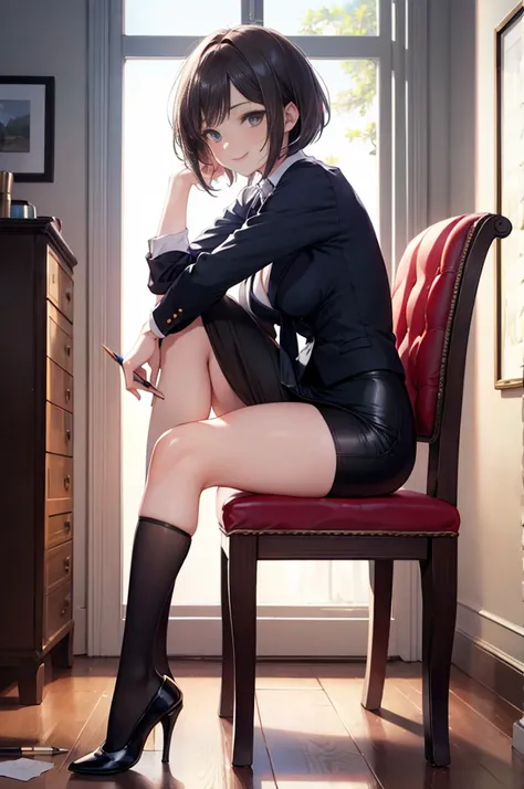 (masterpiece), 4K,woman,I have a pen,長袖を着たwoman医師,Small breasts,Small Ass,Bobcut,Light bulb lighting,Realistic, skinny, Amis Stockings,smile,Sit in a luxurious chair,((Knee-length pencil skirt)),