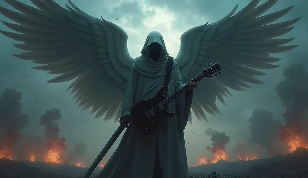 realisitic, 4K, A fallen angel with big wings, a sword, electric guitar in his hand, a hood over the head on the background image of a dark night war (haos)