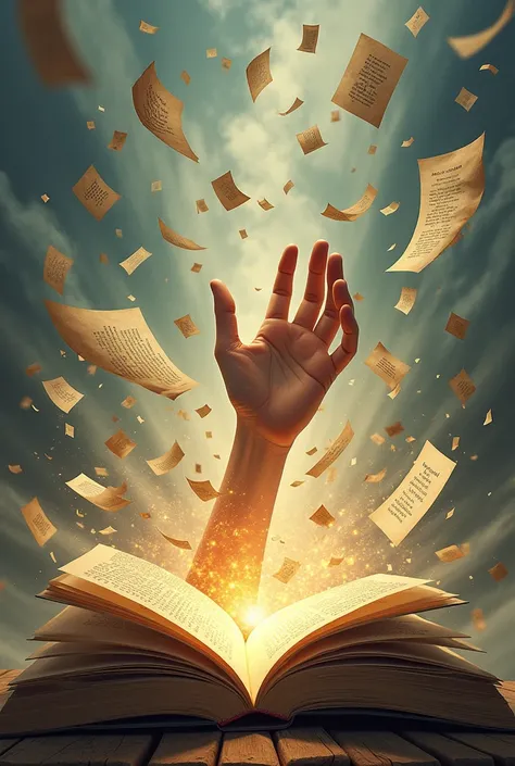 Image of an open book, with several pages flying around, all containing loose and free words, without chains or restrictions. No fundo, a hand extended towards the book, symbolizing the fight for freedom of expression and the dissemination of knowledge thr...