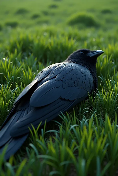 Realistic dead crow, high angle, laying in flattened green grass field 