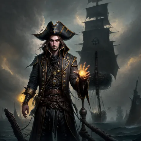 detailed art in the form of an oil painting, painting. a man - a brunette with brown eyes and light stubble in a black pirate su...