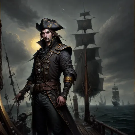 detailed art in the form of an oil painting, painting. a man - a brunette with brown eyes and light stubble in a black pirate su...