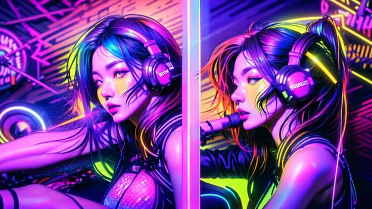 masseter muscle fragment、superfine、surrealism、Beautiful female artist in DJ suit with black top and headphone、DJ Set、sporty、headphone dj rave, sporty, headphone、DJ at a party、dj rave 、CG station、(((Huge speakers in the background)))、(((Every wall is a spea...