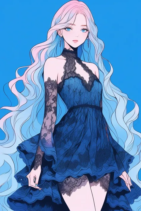 Illustrator, anime , Realistic ,sketch , 1 person, ,lip, Lace dress, whole body, order, Blue gradient background, Neon Long Hair,Texture Trim, Canadian, (masterpiece,Highest quality) cancer