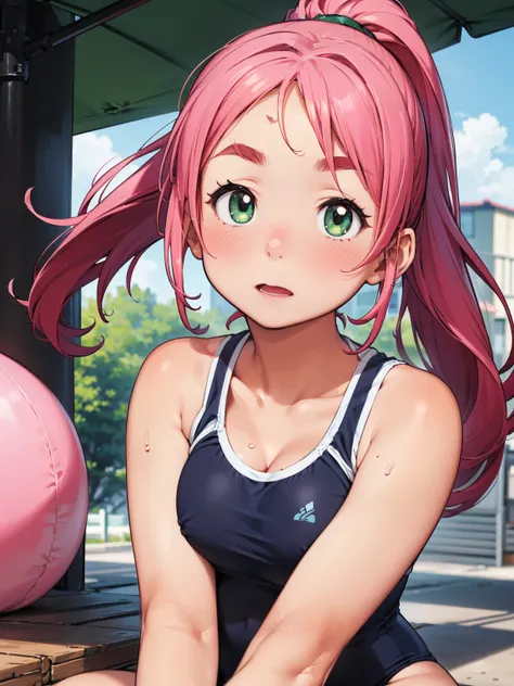 8K quality,(super masterpiece:1.3),Highest quality,Detailed Images,1 female,symmetrical beauty,10th Generation,Medium build,(Surprised expression,blush,bright red),(Pink Hair,Long Hair,High Ponytail),(Thick eyebrows,Thick eyebrows),(Droopy eyes,Green Eyes,...