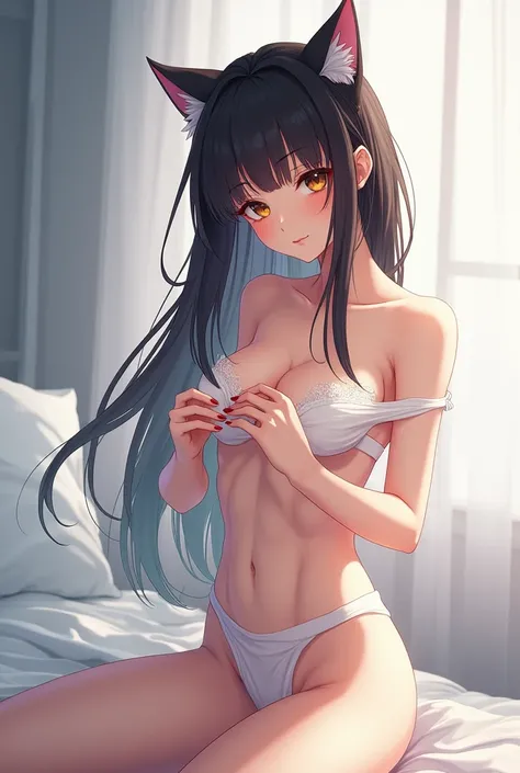 Beautiful anime woman with cat ears、Naked with inverted nipples、smile
