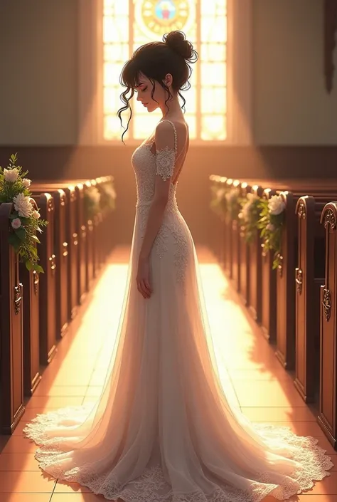 beautiful teen girl with black hair on a messy bun, shes wearing a wedding gown and shes walking down the aisle