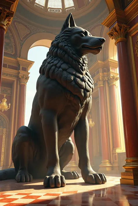 Palace with giant dog statue inside 
