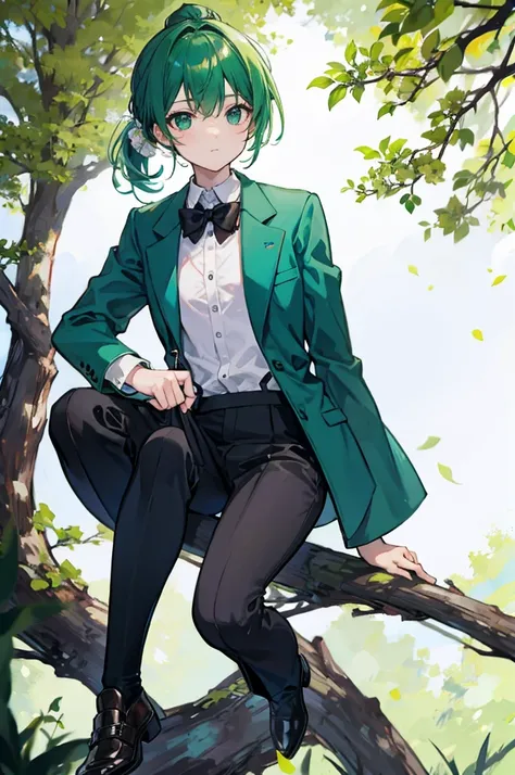 sitting on a high branch of a tree with green leaves、With a green ponytail、He was wearing a green suit jacket, a white shirt, black suspenders and black shorts.、Wearing brown boots、juvenile、