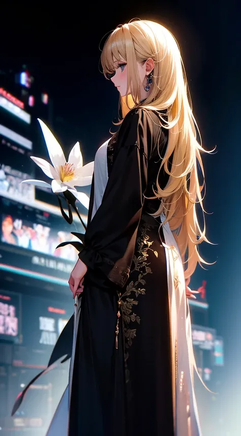 １people々々々々々々々々々々々,Blonde long-haired woman，Long coat， Dress Silhouette， Rear View，Space Sky, Magnolia flower field