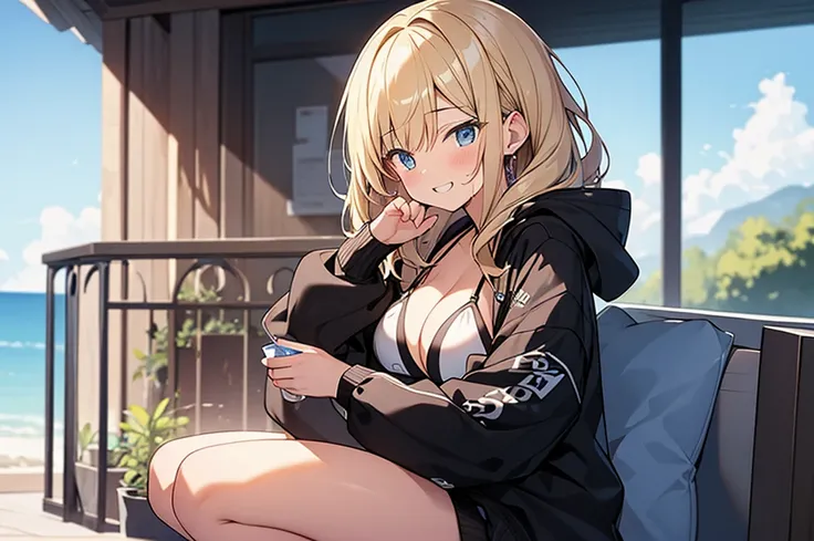 (Masterpiece, Top quality:1.5), nsfw, from side:1.2, (1 beautiful girl, solo:1.2), squatting down, (Blonde:1.3), medium Hair, wavy Hair, asymmetry bangs, swept bangs, airy hair, (large breasts:1.2), 14 year old,  (hoodie, bikini :1.3), smile:1.3, blush, be...