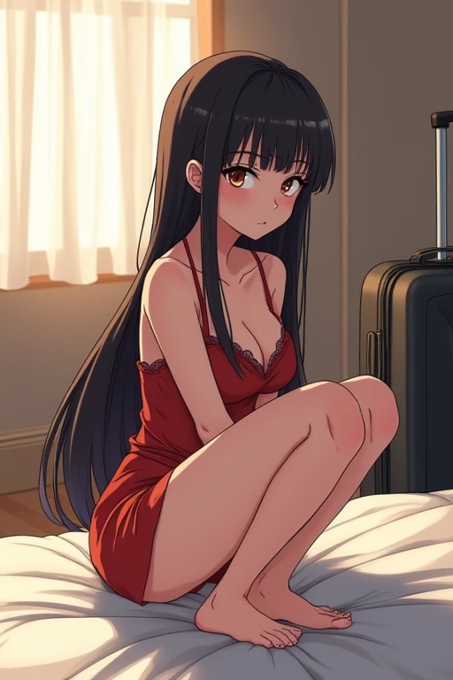 Japanese cartoons girl sitting on a bed with a suitcase in the background, the Japanese cartoons girl is crouching, Actress 👀 :8, beautiful Japanese cartoons girl squatting, From Girl Front, seductive Japanese cartoons girl, female Japanese cartoons charac...