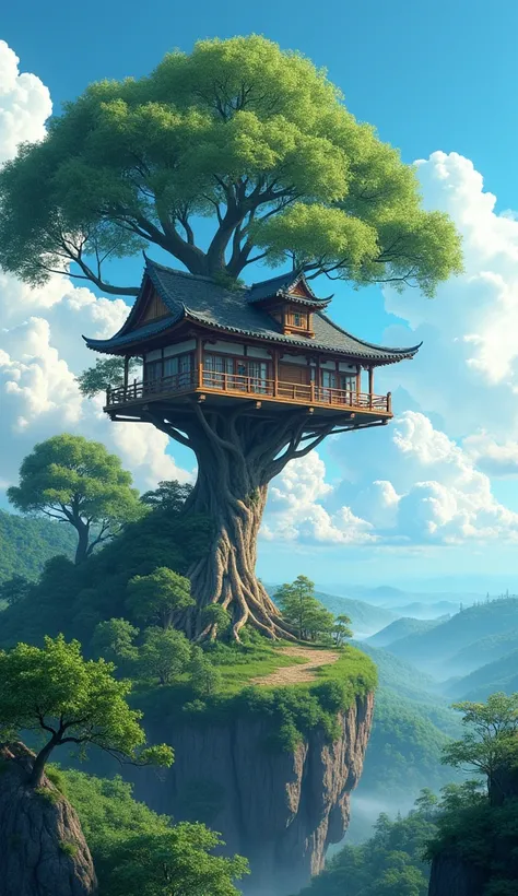 A realistic digital illustration of a quaint treehouse perched high on a hill, nestled among lush greenery. The treehouse is built on wooden stilts, blending seamlessly with a large, ancient tree that seems to cradle it. The architecture is reminiscent of ...