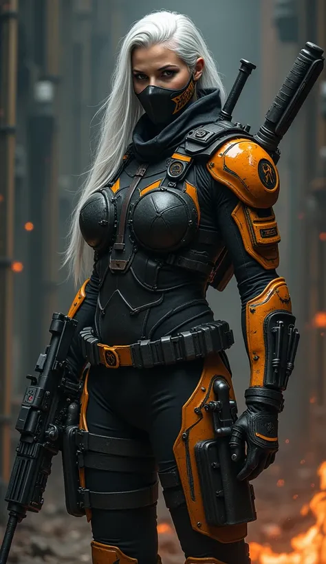 (wide Shot)A woman dressed like “Deathstroke” from Batman,white long hair, in a black and orange symetric tactical armor suit. The suit is made of Kevlar and ballistic plates and features numerous pockets and holsters for their weapons. She wears a half bl...