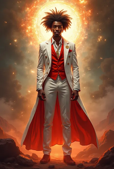 create an umbanda image with zé pelintra in a white and red suit