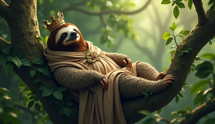 Its quite a sight, a lazy and regal creature up in a tree, surrounded by lush foliage. A sloth, its robe a loose garment of fine make, gazes sleepily at the side with a relaxed smile. In a precarious balance, a crown hangs atop its head, looking like it mi...