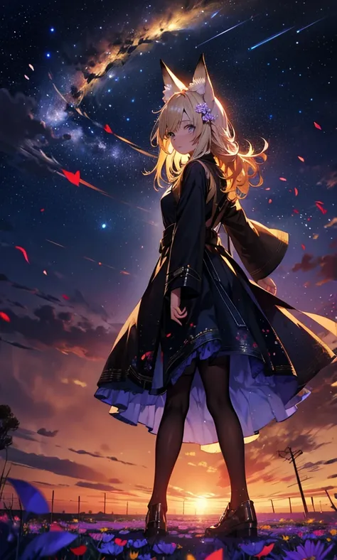 １people々,Woman with medium length blonde hair，Fox Ears，Long coat，Takageta， Dress Silhouette， Rear View，Space Sky, Flower Field，Countless meteor showers，Colorful flowers，Dancing Petals，