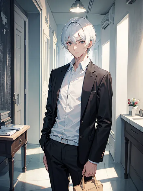 Alone, one handsome man, short hair, white hair, black eyes, wearing a shirt.