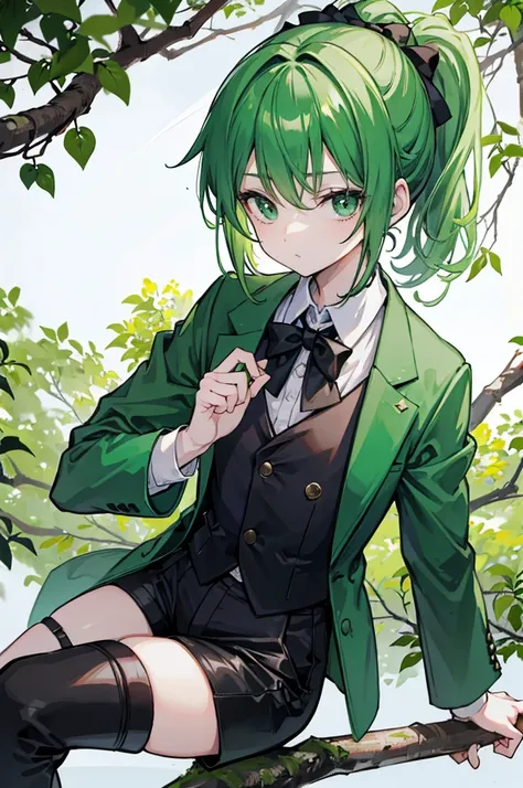 sitting on a high branch of a tree with green leaves、With a green ponytail、He was wearing a green suit jacket, a white shirt, black suspenders and black shorts.、Wearing brown boots、