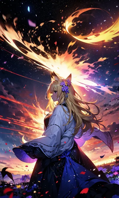 １people々,Woman with medium length blonde hair，Fox Ears，Long coat，Takageta， Dress Silhouette， Rear View，Space Sky, Flower Field，Countless meteor showers，Colorful flowers，Dancing Petals，