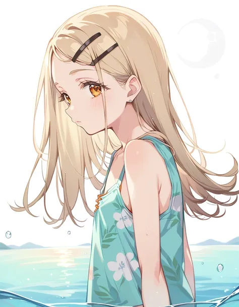 1girl,shinosawa hiro,slender,orange eyes,blonde hair,long hair,hairclip,white background,flat chest break aloha shirt,tanktop,op...