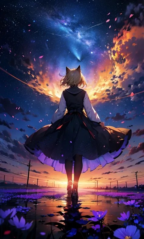 １people々,Woman with medium length blonde hair，Cat ear，Long coat，Takageta， Dress Silhouette， Rear View，Space Sky, Flower Field，Countless meteor showers，Colorful flowers，Dancing Petals，