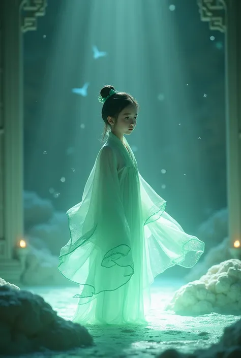 Jade fragment，luminescent，1 girl，。(best quality,4K,8K,high resolution,masterpiece:1.2), (Practical,Reality,Photo-real:1.37).，shining，Beautifully，monster，Unreal Engine 5，texture，Three-dimensional figures wearing Hanfu,Minimalism and abstract illustration, C...