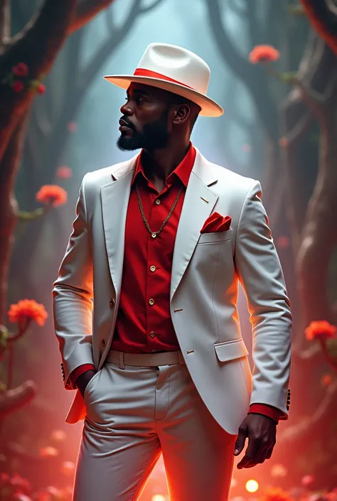 create an image of umbanda with zé pelintra in a white and red suit with a white hat