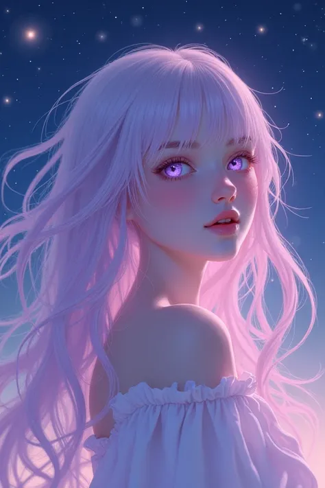 ((masterpiece,best quality)),(Negative Space:1.4),(1 Girl, Solitary:1.4),Beautiful and delicate eyes,Flowing pale pink and lilac hair, Lavender-colored eyes, night, Starry Sky, The stars shine