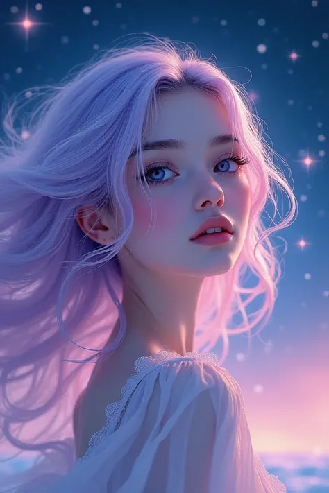 ((masterpiece,best quality)),(Negative Space:1.4),(1 Girl, Solitary:1.4),Beautiful and delicate eyes,Flowing pale pink and lilac hair, Lavender-colored eyes, night, Starry Sky, The stars shine