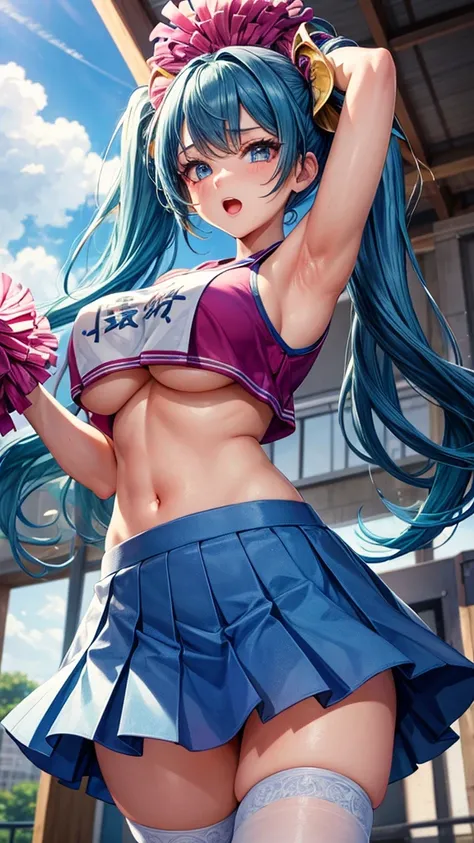 masterpiece, best quality, ultra-detailed, illustration, colorful, 1girl, anime, blue hair, twintails, hair ornament, blue eyes, looking at viewer, school, school gym, sona buvelle, huge breasts, curvy, skirt, kneesocks, jumping up, crop top, cheerleader, ...