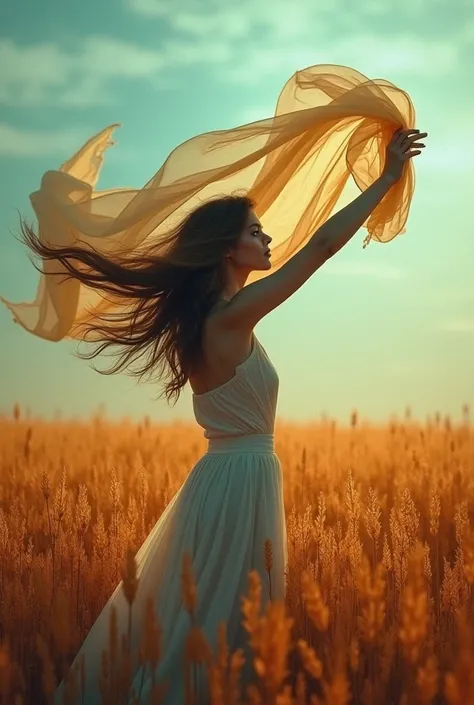 A vibrant background of colors. The dominant colors include shades of muted gold, teal, orange, and purple. The focal point is a woman standing in a field in profile, holding a large, very long, billowy scarf in the wind over her head. Her hair is long and...