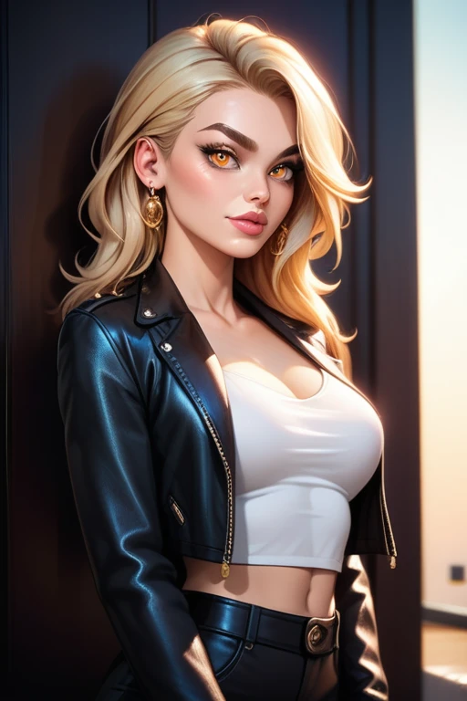 Tall and slender busty woman; medium shoulder length, black iridescent hair; fit, dainty body; amber-golden eyes; sharp jaw, siren eyes, full lips, full eyebrows, greek nose; soft features; girl-next-door look; best quality; trending on artstation; complex...