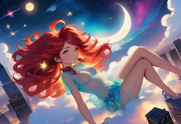 A beautiful fantasy style painting of a beautiful nude red haired woman with big messy hair, floating on a cloud gracefully laying on the cloud, wearing headphones, with moon light, twinkling stars and stardust, vibrant and colorful, full body shot, lookin...