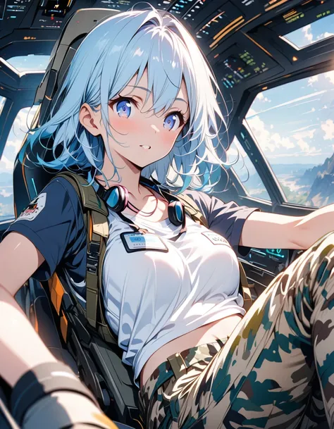 anime、Light blue hair、Near future、In the cockpit、White tank top､Camouflage trousers、Name tag around neck、beautiful girl