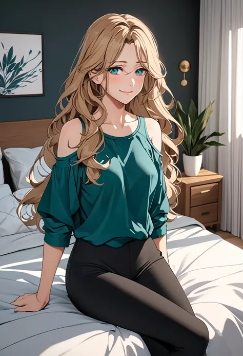 (masterpiece), (high resolution, 8k), (high detailed), woman mature, tall, (wavy long hair (dark blonde)), beautiful face, (close mouth:1.2), tired smile, small breast flat, wearing dark teal colored crystal themed cold shoulder casual shirt and black legg...