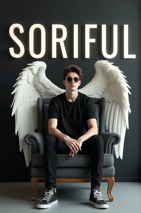 Create a 3D illusion for a picture where a boy 25 years in a black shirt sits casually on a Wingback Chair. Wearing sneakers,, and sunglasses, he looks ahead. The background features "SORIFUL

" in big and capital white fonts on the black wall. There shoul...