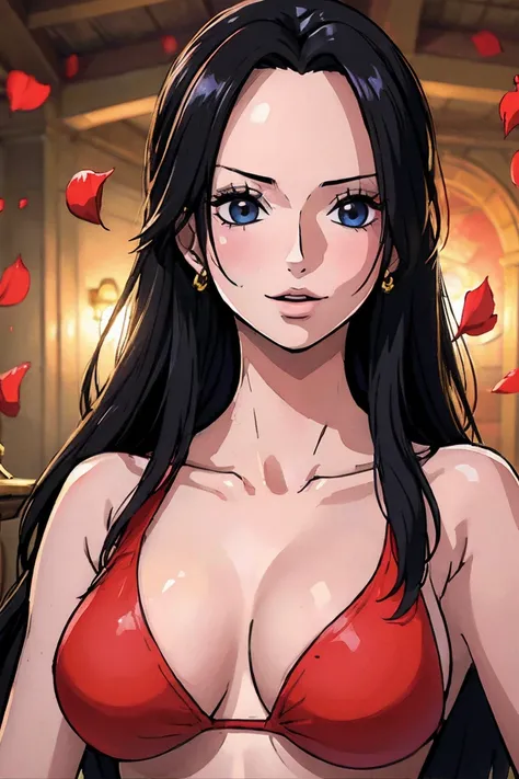 best quality, masterpiece, highly detailed,1girl,  two heads, ((rose)), (vine), cage, bandage, red rope, (detail light), falling rose petals, Boa Hancock, with Nami, (masterpiece:1.5), Detailed Photo, Smiling,(8K, Photorealistic, Best Quality: 1.4), (1girl...