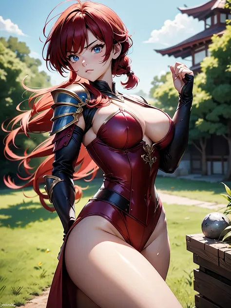 Garota anime sexly com cabelo ruivo com trança curta com armadura red, armor itself, 15year old, fluffy body, fluffy breasts, pose de luata, combat stance, garota sexly, red hair and braid, locks of hair on the side of the face, beautiful lighting, softsha...